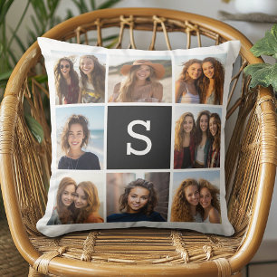 Coussin Collage de 8 photos avec monogramme noir et blanc
