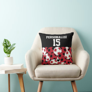 Coussin Collage de balle de football rouge foncé Nom et