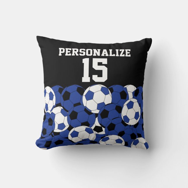 Coussin Collage de balle de soccer bleu foncé | Nom et num (Recto)