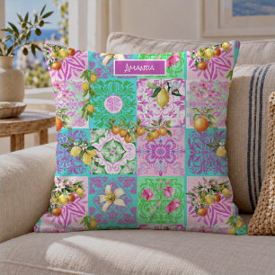 Coussin Collage de carreaux de citrus siciliens roses chic