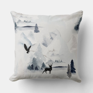 Coussin Collage de la nature sauvage en hiver Hibou Cerf F