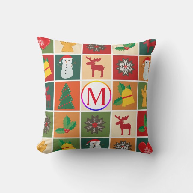 Coussin Collage de Noël avec monogramme (Recto)