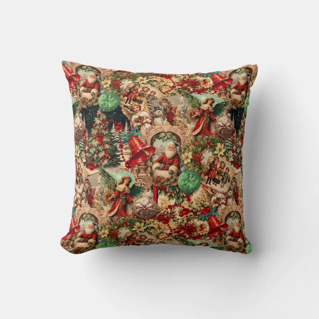 Coussin Collage de Noël victorien vibrant (Recto)