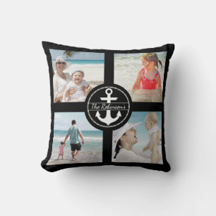 Coussin Collage de photos d'ancre personnalisé noir