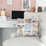 Coussin Collage de photos de brouillard gris<br><div class="desc">Customisez cet oreiller de lancer avec huit photos carrés disposés dans un montage de grille,  avec votre monogramme initial en gris brouillard dans le carré central. Le coussin revient à un motif de diamant pointillé subtil en gris et blanc assortis.</div>