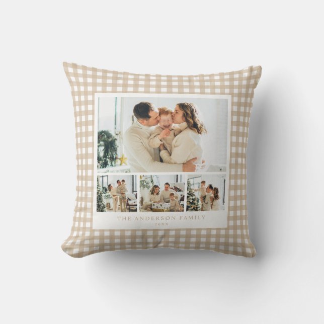 Coussin Collage de photos de famille à carreaux beige (Recto)