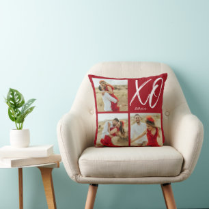 Coussin Collage de photos de l'année avec cœurs et écritur