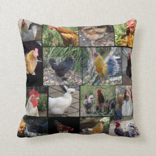 Coussin Collage De Photos De Poulets Et De Coqs,