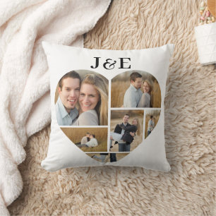 Coussin Collage de photos du coeur monogramme noir et blan