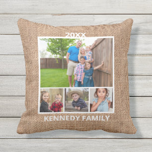Coussin  Collage de photos Nom de famille Rustic Burlap