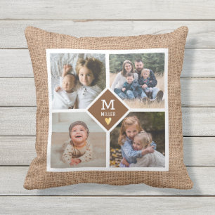 Coussin Collage de photos sur mesure 4 Famille Monogramme