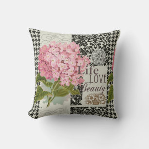 Coussin Collage d'hortensia rose chic Art damassé vintage