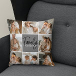 Coussin Collage familial photo et cadeau gris personnalisé<br><div class="desc">Créez un collage familial magnifique et personnalisé avec huit photos, accompagné d'un nom de famille personnalisé en gris. Ce cadeau unique et réfléchi est parfait pour commémorer des moments spéciaux et célébrer l'amour et le lien au sein d'une famille. Le collage présente huit photos soigneusement sélectionnées que vous pouvez fournir,...</div>