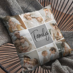 Coussin Collage familial photo et cadeau gris personnalisé<br><div class="desc">Créez un collage familial magnifique et personnalisé avec huit photos, accompagné d'un nom de famille personnalisé en gris. Ce cadeau unique et réfléchi est parfait pour commémorer des moments spéciaux et célébrer l'amour et le lien au sein d'une famille. Le collage présente huit photos soigneusement sélectionnées que vous pouvez fournir,...</div>