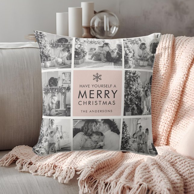 Coussin Collage Moderne Rose "Joyeux Noël" Multi Photo (Créateur téléchargé)