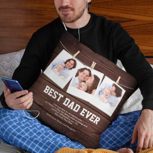 Coussin Collage photo 3 Bois rustique Meilleur Papa Ever