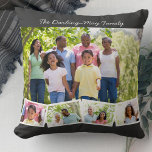 Coussin Collage photo avec nom de famille et bande photo Z<br><div class="desc">Personnalisez cet oreiller heureux avec vos photos de famille préférées. Le modèle est configuré pour que vous puissiez ajouter jusqu'à 5 photos et votre nom de famille (ou texte personnalisé). La photo principale sera utilisée comme arrière - plan et les 4 photos restantes seront disposées dans une bande photo en...</div>