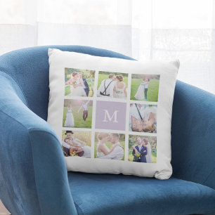 Coussin Collage photo carré simple blanc monogramme person