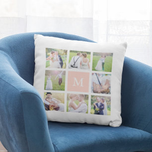 Coussin Collage photo carré simple blanc monogramme person