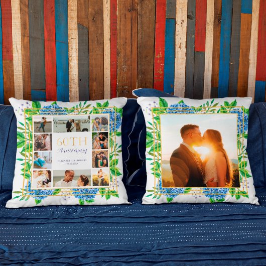 Coussin Collage photo d'anniversaire 60 ans Blue Hydrangea