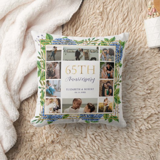Coussin Collage photo d'anniversaire 65 ans Blue Hydrangea (Couverture)