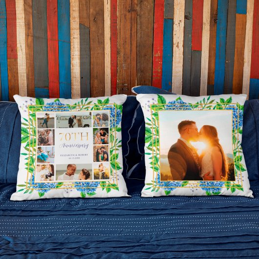 Coussin Collage photo d'anniversaire 70 ans Blue Hydrangea