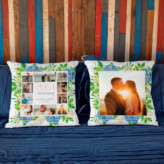 Coussin Collage photo d'anniversaire 75 ans Blue Hydrangea