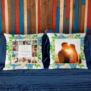 Coussin Collage photo d'anniversaire de 1 an avec hydrange