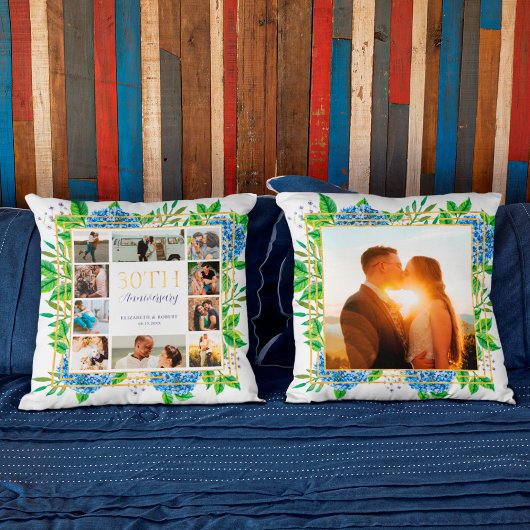 Coussin Collage photo d'anniversaire de 30 ans Blue Hydran