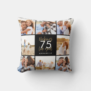 Coussin collage photo d'anniversaire noir et or