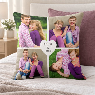 Coussin Collage photo de 4 coeurs avec monogramme