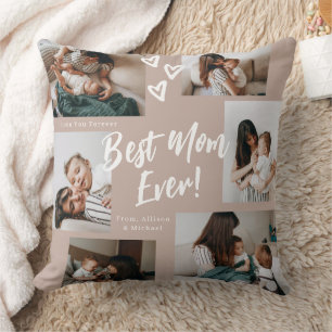 Coussin Collage photo de 6 typographie de script Maman Ros