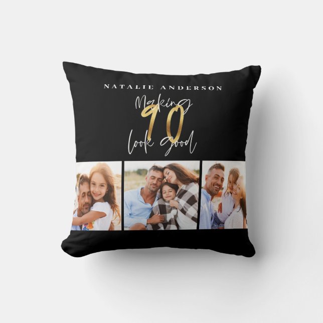 Coussin Collage photo de 90e anniversaire noir et or  (Recto)