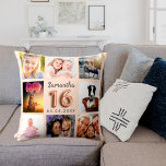 Coussin Collage photo de crème de pêche Sweet 16<br><div class="desc">Un cadeau unique pour une fille de Sweet 16, 16e anniversaire, célébrant sa vie avec un collage de 8 de vos propres photos, photos. Personnalisez et ajoutez son nom et une date. Un arrière - plan de couleur pêche crème. Le nom est écrit avec un script de style moderne écrit...</div>