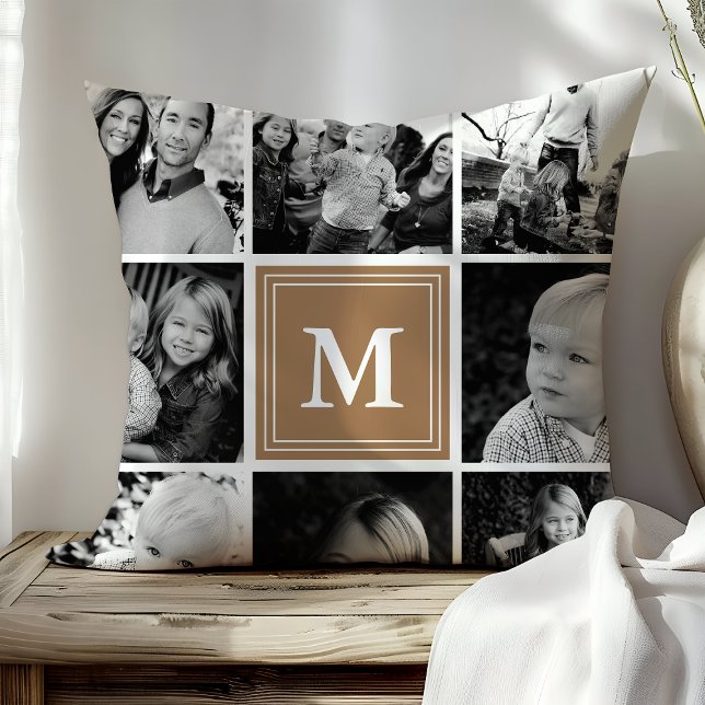 Coussin Collage photo de famille de monogramme Brown clair (Créateur téléchargé)