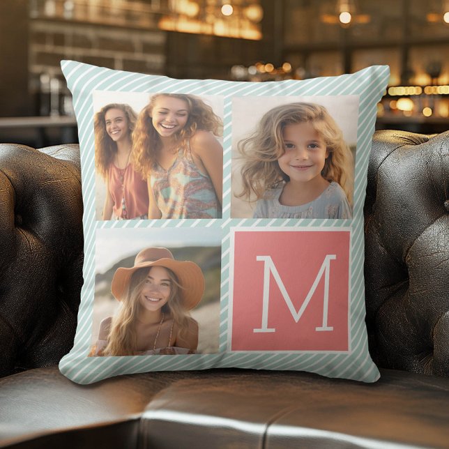Coussin Collage photo de la menthe et du corail Monogramme (Custom Pillow)
