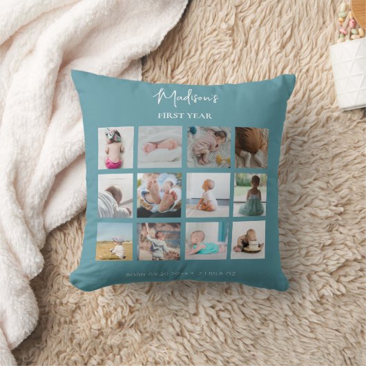 Coussin Collage photo de la première année de bébé Stats d (Couverture)
