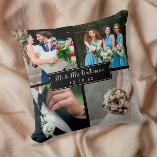 Coussin Collage photo de mariage personnalisé élégant