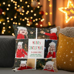 Coussin Collage photo de Noël Belle personnalisée<br><div class="desc">Ce mignon oreiller moderne Joyeux Noël dispose d'une disposition classe de 6 photos de famille sur un arrière - plan blanc avec une jolie typographie rouge et verte. Ce magnifique cadeau de vacances photo pour enfants présente le collage photo de votre propre enfant entourant votre message festif et votre nom...</div>