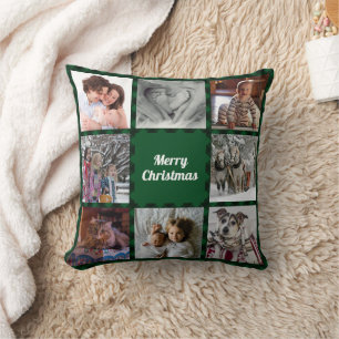 Coussin Collage photo de vacances à carreaux vert et noir 