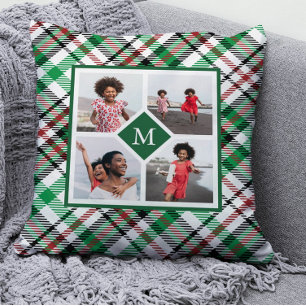 Coussin Collage photo et monogramme vert de vacances