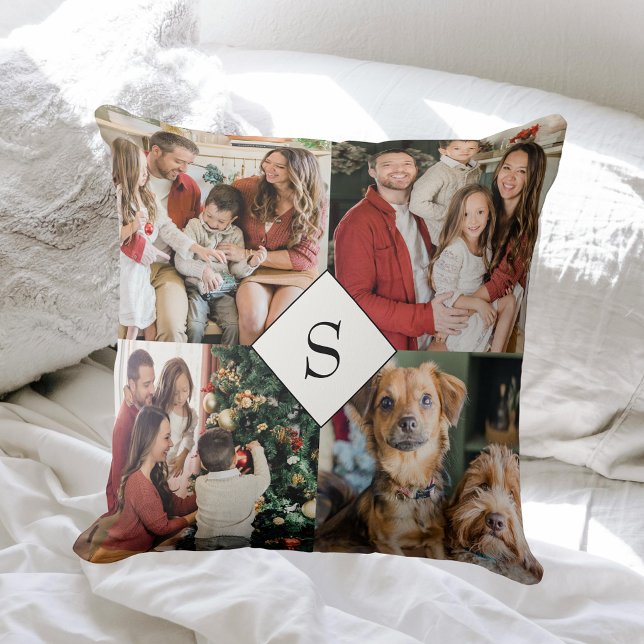 Coussin Collage photo familial Modern Monogram 5 (Créateur téléchargé)