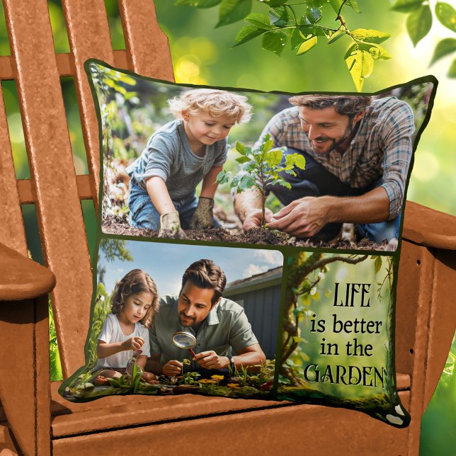 Coussin Collage photo Fun Garden  (Pillow featuring a family photo collage with a green garden theme)