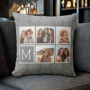 Coussin Collage photo gris 5 avec monogramme de texte