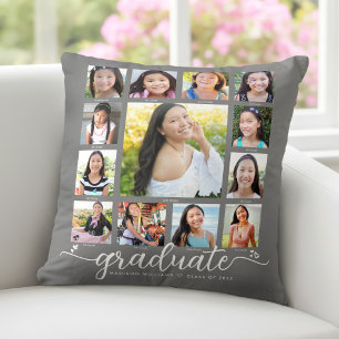 Coussin Collage photo gris diplôme K–12 écriture moderne