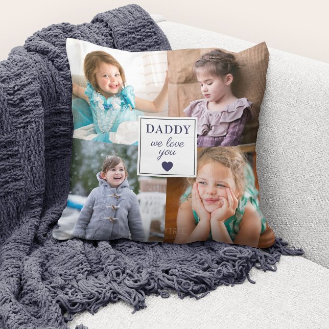 Coussin Collage Photo Moderne Papa (Cute custom photo collage "Daddy We Love You" throw pillow.)