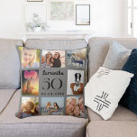 Coussin Collage photo personnalisé gris anniversaire<br><div class="desc">Un cadeau unique pour un 50ème anniversaire (ou n'importe quel âge), célébrant sa vie avec un collage de 8 de vos propres photos, photos. Personnalisez et ajoutez son nom, son âge et sa date. Couleur d'arrière-plan gris. Le nom est écrit avec un script de style moderne écrit à la main....</div>