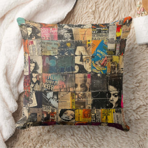 Coussin Collage sur grille de punk rock en noir et blanc d