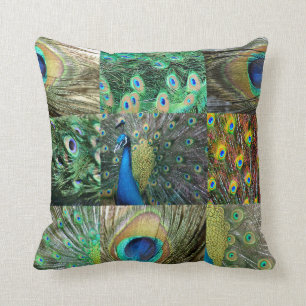 Coussin Collage vert-bleu de photo de paon