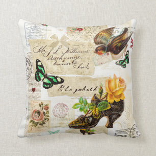 Coussin Collage vintage Girly de mode d'éphémères avec 